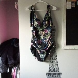 Time and Tru Floral One Piece Swimsuit - Black and Purple